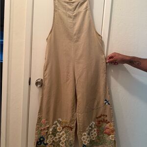 Tan Floral Patterned Jumpsuit with Wide Legs